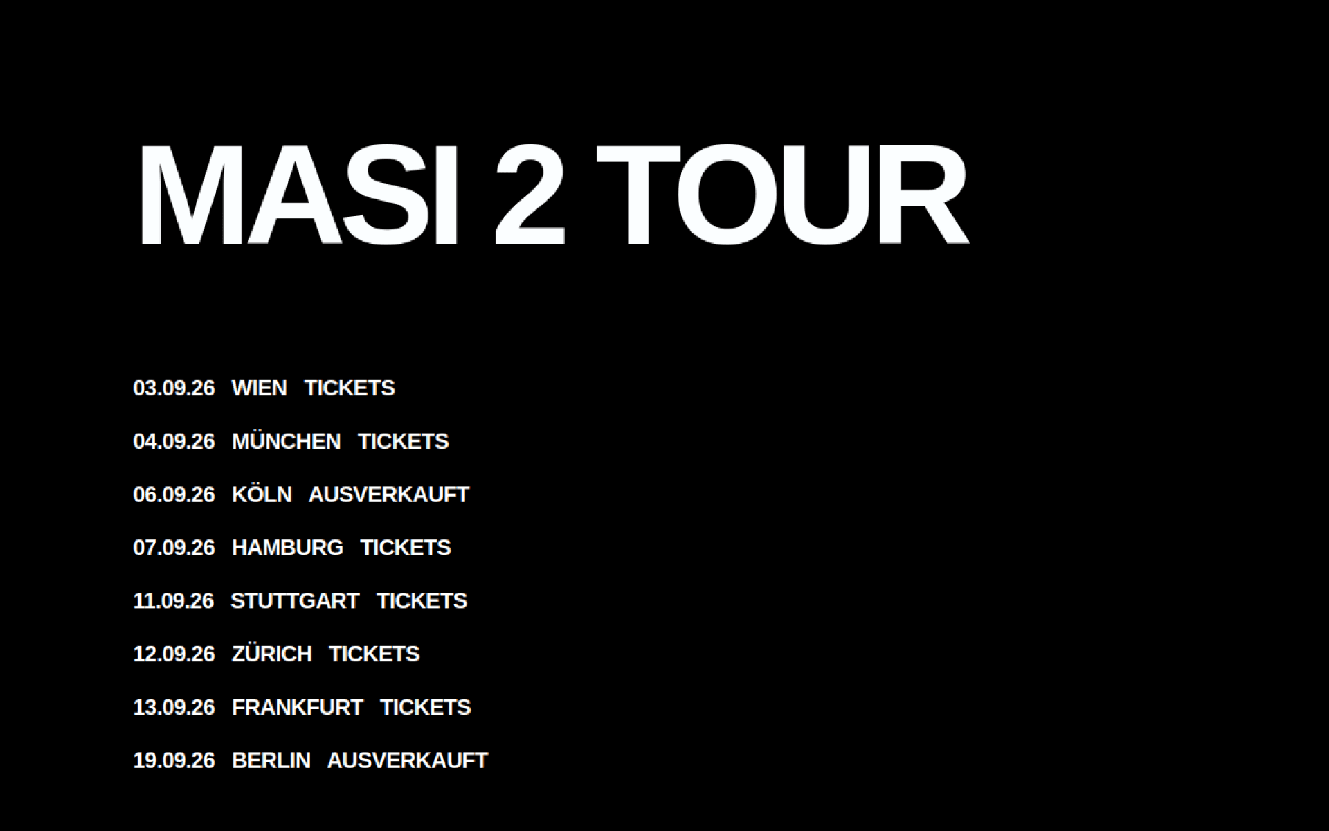 Schwarze Zackavelli Tour-Website mit Städten, Terminen und Ticketstatus